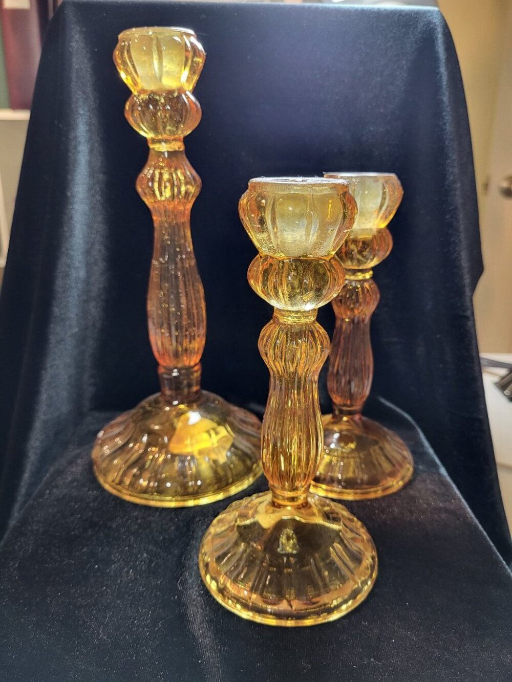 Mid-Century Modern Amber Ribbed Glass Taper Candle Holders Set of 3 Graduated